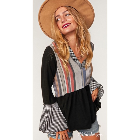 LAST 1! V Neck So Soft Multi Color Block French Terry Ruffle Sleeves and Hem Top - Picture 4 of 8